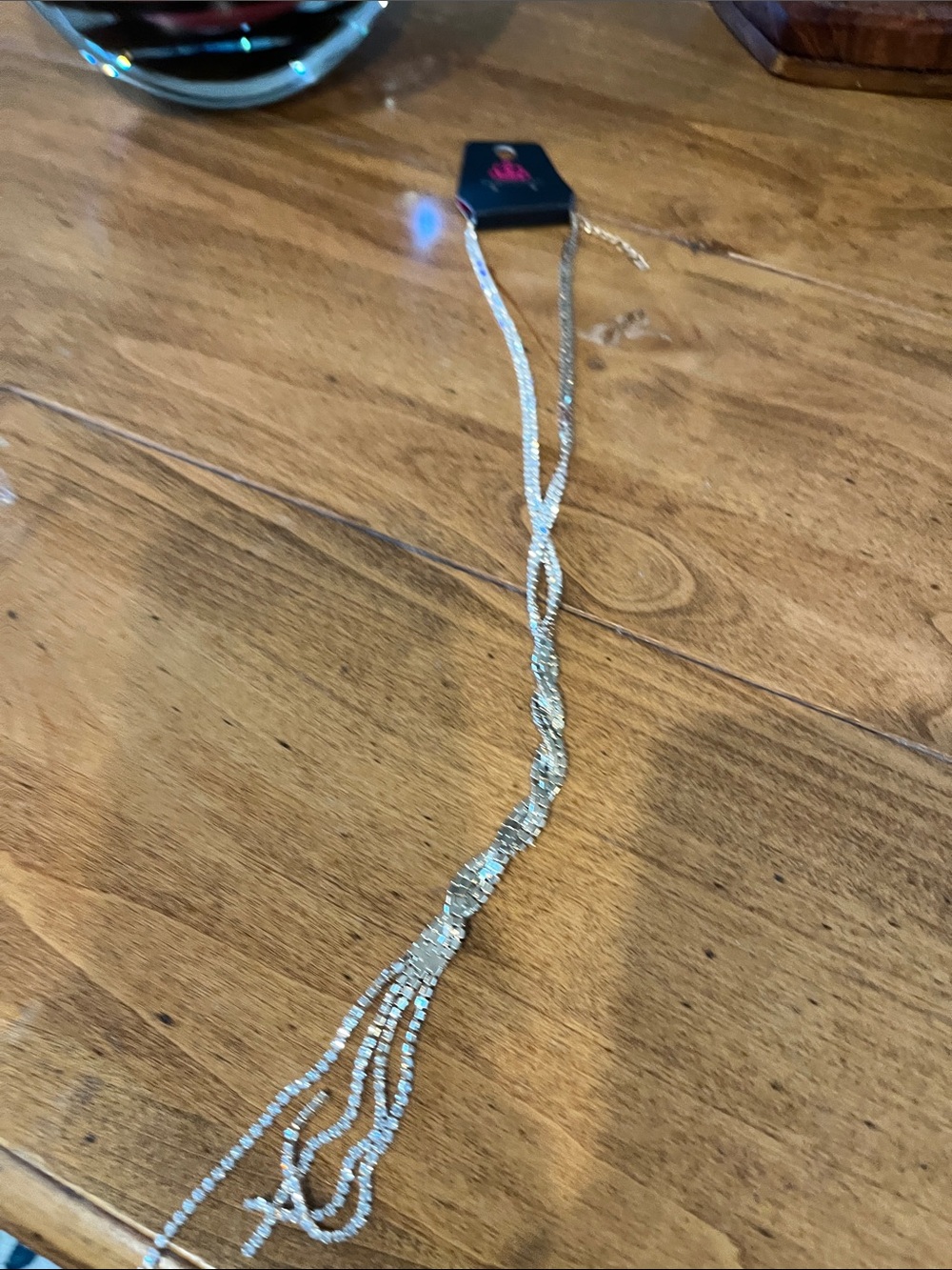 Crystal-Embellished Silver Lariat Necklace with Tassel